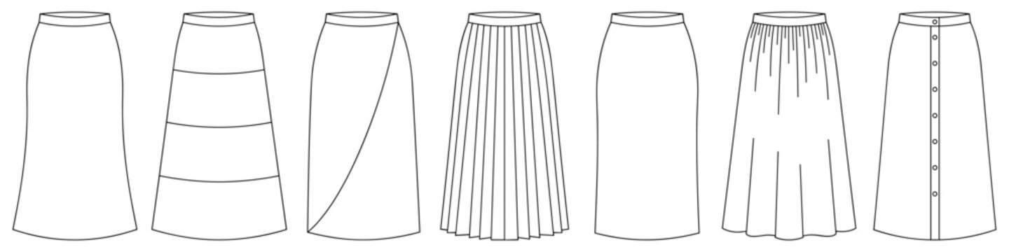 modest maxi skirts set of cultural womens clothing vector illustration flat technical cad drawing template