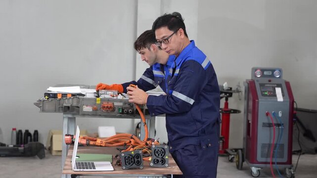 Technician and engineer teamwork in workshop for electric vehicle battery service, high voltage cable connector diagnostic maintenance, laptop testing and assembling wiring harness on bench in garage
