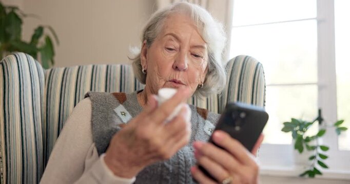 Senior, woman or medication with phone for research, telehealth app or medical advice in home. Female person, reading or scrolling with pills or smartphone for side effects, info or symptoms in house