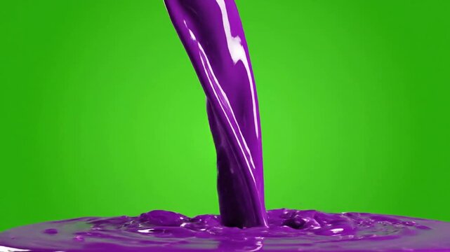 Vibrant purple liquid pouring on green screen, smooth glossy paint flow with dynamic splashes for chroma key compositing and visual effects