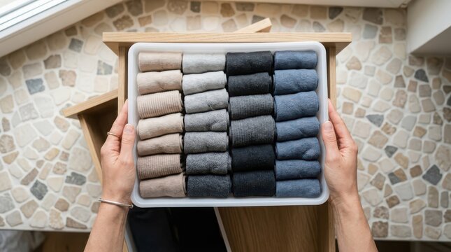 Person holding a drawer organizer filled with neatly folded socks