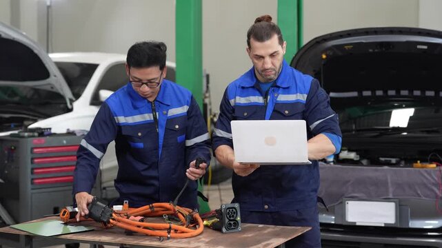 Auto mechanic electric vehicle diagnostic laptop, high voltage cable repair workshop teamwork inspecting charging connector wiring harness on workbench beside open hood during maintenance check