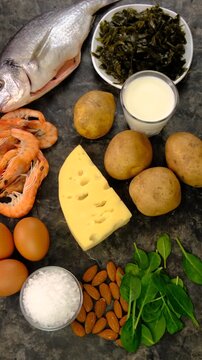 Foods that contain iodine. Selective focus.