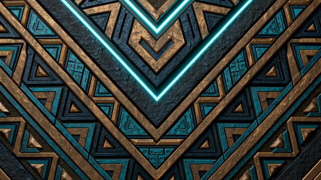 Abstract geometric metallic pattern with glowing cyan neon lines, blending tribal-inspired motifs and futuristic design into a luxurious technology background for modern creative projects.