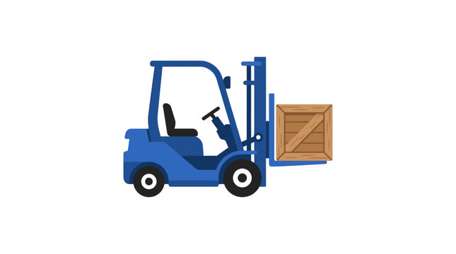 Blue forklift truck carrying a wooden crate vector illustration.