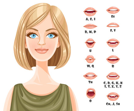 Cute blond girl with bob haircut talking mouth animation. Female character speak mouths expressions