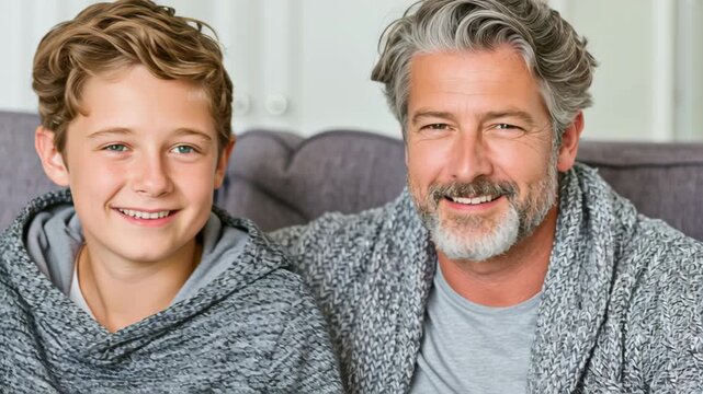 Smiling father and teenage son standing together at home, celebrating family connection, trust, happiness, modern parenting, and authentic everyday lifestyle in a cozy kitchen.