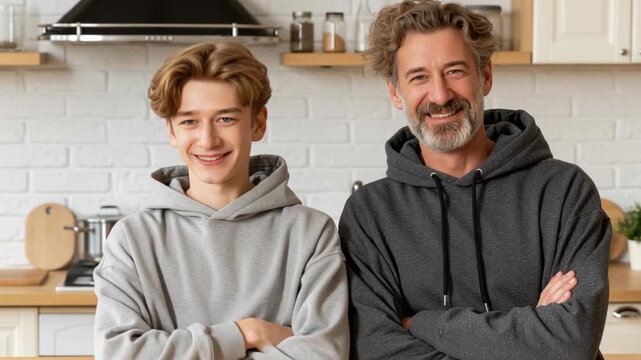 Smiling father and teenage son standing together at home, celebrating family connection, trust, happiness, modern parenting, and authentic everyday lifestyle in a cozy kitchen.