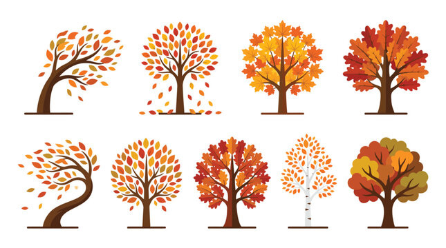 Diverse autumn trees collection featuring windblown foliage and falling golden maple leaves