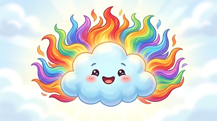Fototapeta premium Cute Cartoon Cloud With Rainbow Fire Flames Smiling Face Illustration For Kids Design And Playful Weather Theme