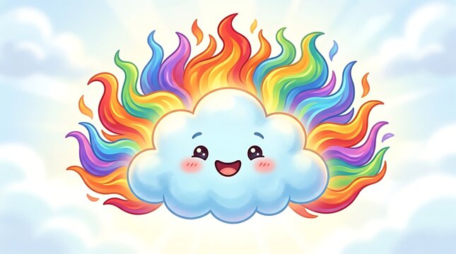 Cute Cartoon Cloud With Rainbow Fire Flames Smiling Face Illustration For Kids Design And Playful Weather Theme