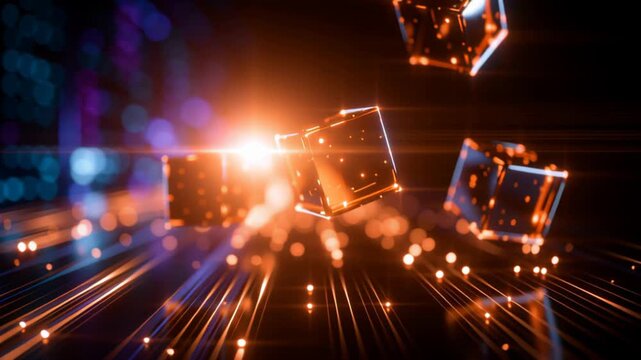 Abstract glowing transparent cubes floating above illuminated digital lines, creating a futuristic technology background representing blockchain, data processing, artificial intelligence, and digital 