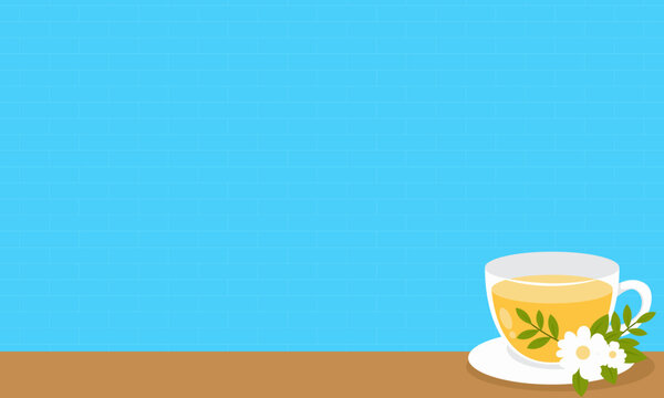 Herbal Tea Cup Background with Chamomile Flowers Leaves and Copy Space Flat Vector Illustration