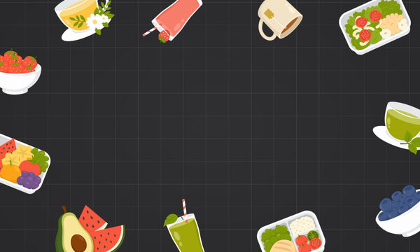 Healthy Food Border Background with Fresh Fruits Tea Smoothies Lunch Boxes and Copy Space Flat Vector