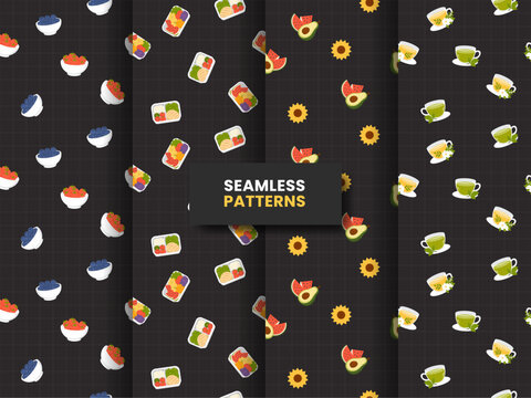 Healthy Food and Beverage Seamless Pattern Set with Fruits Lunch Boxes Tea and Wellness Backgrounds