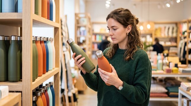 Woman choosing reusable water bottle in shop