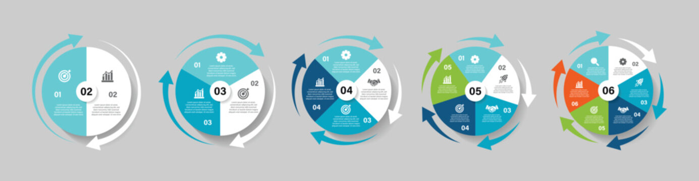 Circle arrows infographics set. Circular arrows with 2-6 steps, options. Template for cycling diagram, graph, cycle diagram, presentation and round chart.