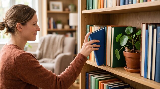 Woman Selecting a Book from Home Library
