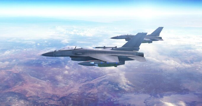 F-16 fighter jet carrying missiles flying over desert landscape at high altitude. War Related 3D Animation.