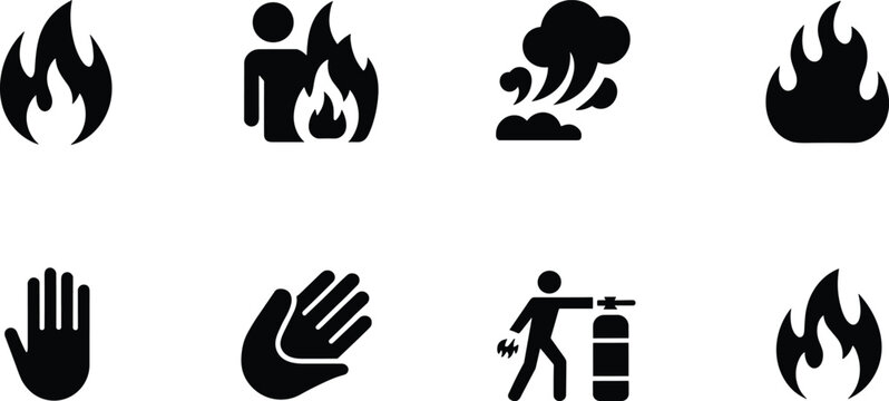 Fire Safety and Hazard Black Silhouette Icon Set with Flames and Extinguisher