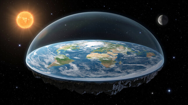Flat earth concept with a dome, sun, and moon in outer space, representing a geocentric model of the world with continents and oceans