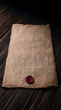 Tall vertical image of an old parchment letter with a red seal, sitting on a dark wooden desk with dark shadows at the top and bottom