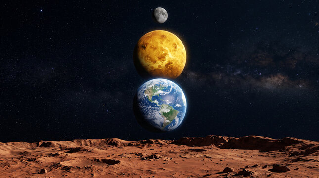 View of earth, venus, and the moon from the surface of mars in deep space