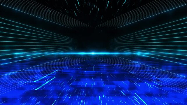 Cyber blue grid tunnel visual bright horizontal lines, glowing tiled floor, and deep vanishing point. data motion, tech intros, digital corridors, virtual sets, gaming titles, and futuristic graphics.