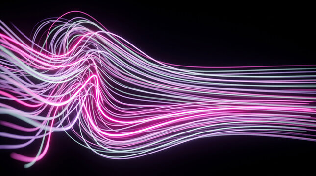 Abstract background with glowing neon pink and light blue wavy lines flowing in a dynamic motion on a black background