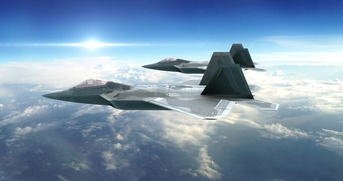 Two F-22 raptor stealth jets flying together in military air patrol mission. War Related 3D Animation.