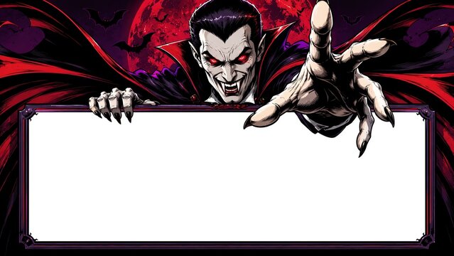Blank white notice board mockup with dramatic Dracula emerging behind, glowing crimson eyes and flowing cape, premium Halloween horror comic poster design