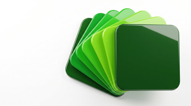 Stack of glossy square tiles in shades of green isolated on white background