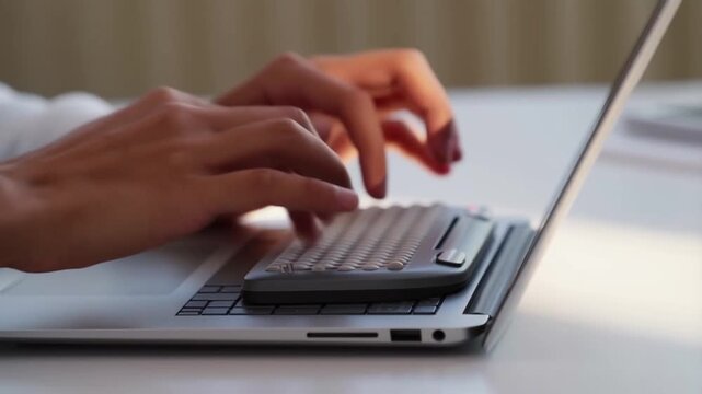 Close-up of a professional woman's hands typing rapidly on an external keyboard placed on a silver laptop, working efficiently at a sunlit white desk in a modern office environment.