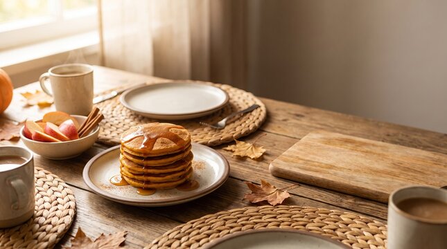 Stack of fluffy pancakes on a wooden table with autumn decorations