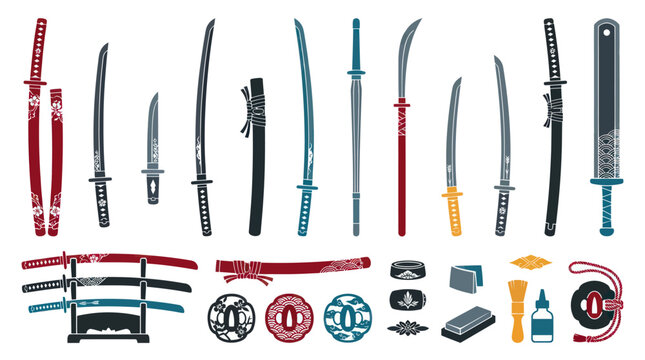 Flat Vector Japanese Samurai Swords, Katana, Wakizashi, Tanto, Scabbards, Stands, and Maintenance Tools Set