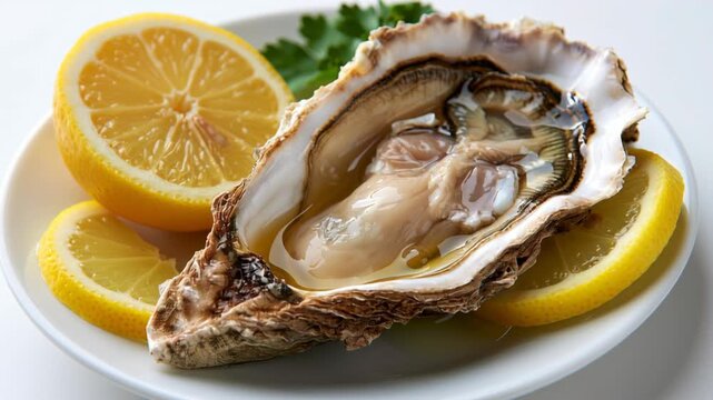 Fresh oyster served on the half shell with sliced lemons, highlighting gourmet seafood, fine dining, coastal cuisine, healthy nutrition, and elegant culinary presentation.