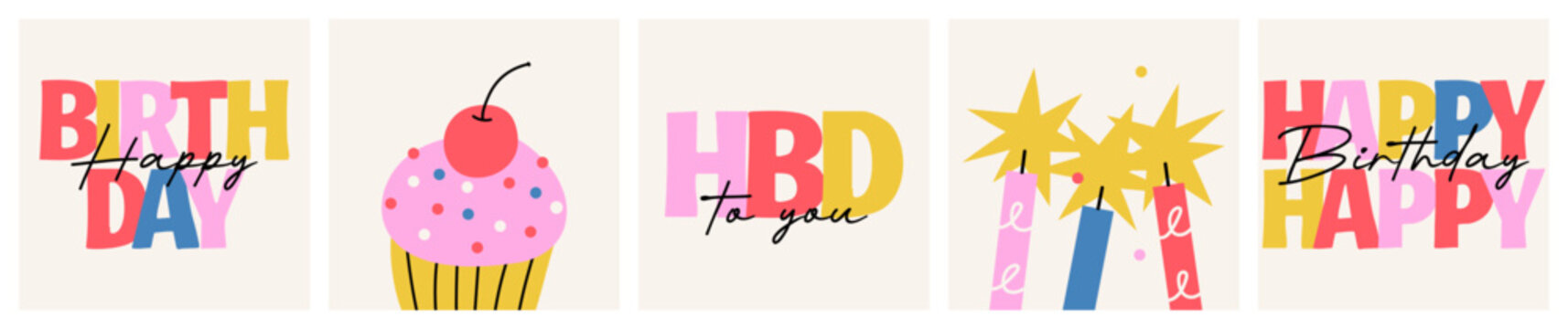 Cute colorful set of square birthday greeting cards with pink cupcake and cherry, burning candles and multicolored handwritten lettering typography, simple hand-drawn vector illustration in flat style