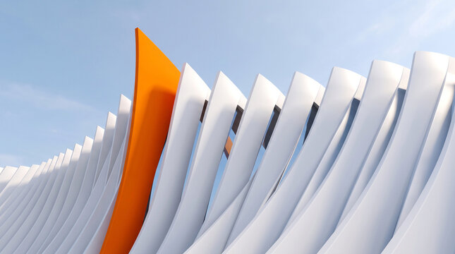 Abstract architectural background with repeating white curved fins and one single orange element against a clear blue sky