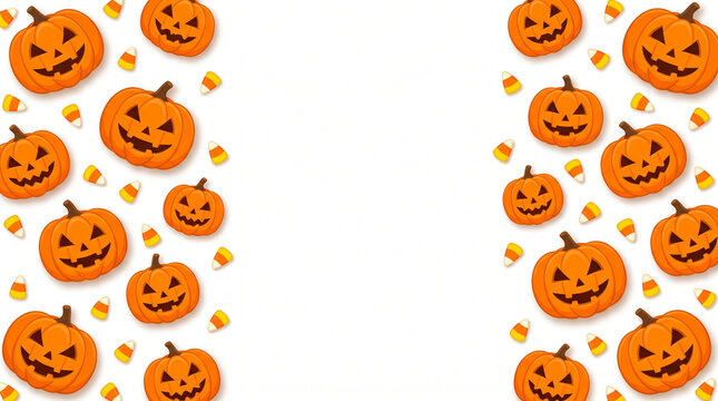 Halloween background with jackolantern pumpkins and candy corn isolated on white background