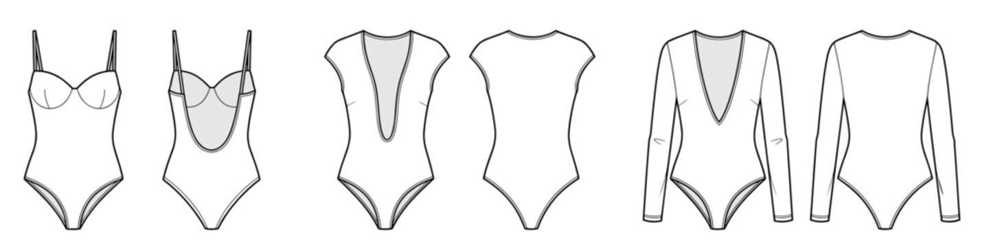 Set of bustier style and deep plunge neckline bodysuits technical fashion illustration. Flat sleeveless leotard apparel template front and back view. Women fashion CAD mockup