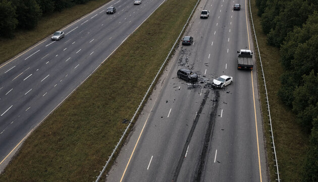 Major car accident on a busy highway with multiple vehicles involved in a crash