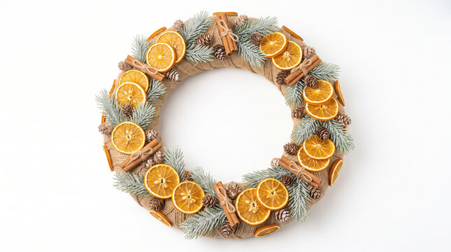 Christmas wreath made of burlap, dried orange slices, cinnamon sticks, pine cones and fir branches isolated on white background