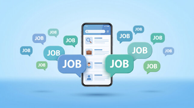 Mobile phone with job search application interface and floating speech bubbles with the word job