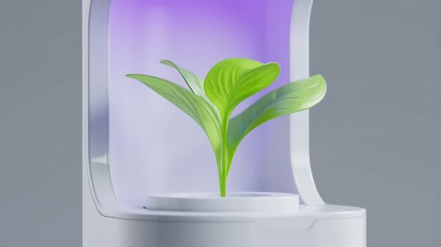 A vibrant green sprout grows inside a futuristic white laboratory incubator bathed in soft purple light, symbolizing advanced agricultural technology and sustainable indoor farming.