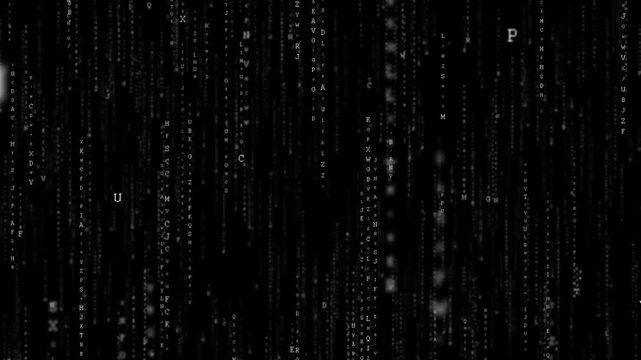 Monochrome falling code visual white letters, dark vertical streams, mysterious hacker screen style. security intros, programming edits, data analysis videos, software promos, motion graphics.