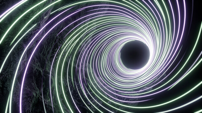 Abstract 3d render of a dark tunnel with glowing neon spiral lines and textured rocky walls, futuristic scifi portal background