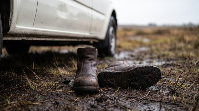 Worn brown pull-on boots left in saturated marsh soil beside a white travel van, one tread turned toward the camera after a rain-soaked countryside stop across a bleak open wetland landscape