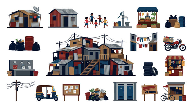 Flat Style Vector Icons of Slum Life, Shanties, Markets, and Transportation