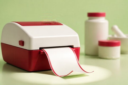 Label printer on pastel green background with paper roll 3D render