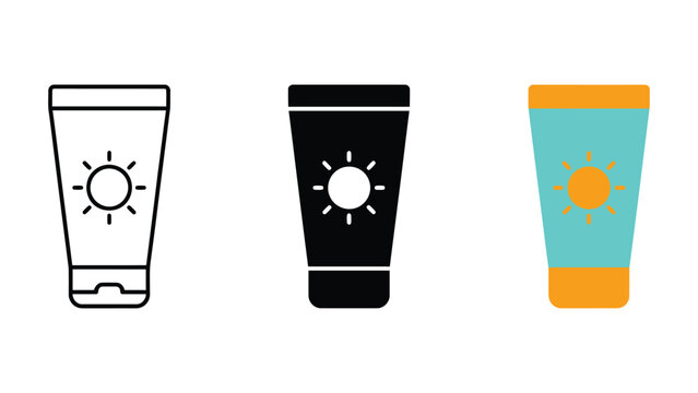 Three colorful sunscreen tubes with sun icons on white background